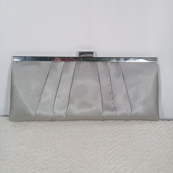 Kate Landry Silver Satin Pleated Evening Clutch Bag Kiss Lock Purse - Picture 3 of 13